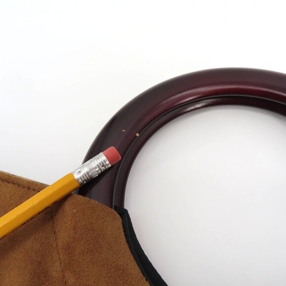 Embroidered Flower Flower Butterfly Tan Faux Suede Wood Handle Tote Bag Handbag - Picture 4 of 9